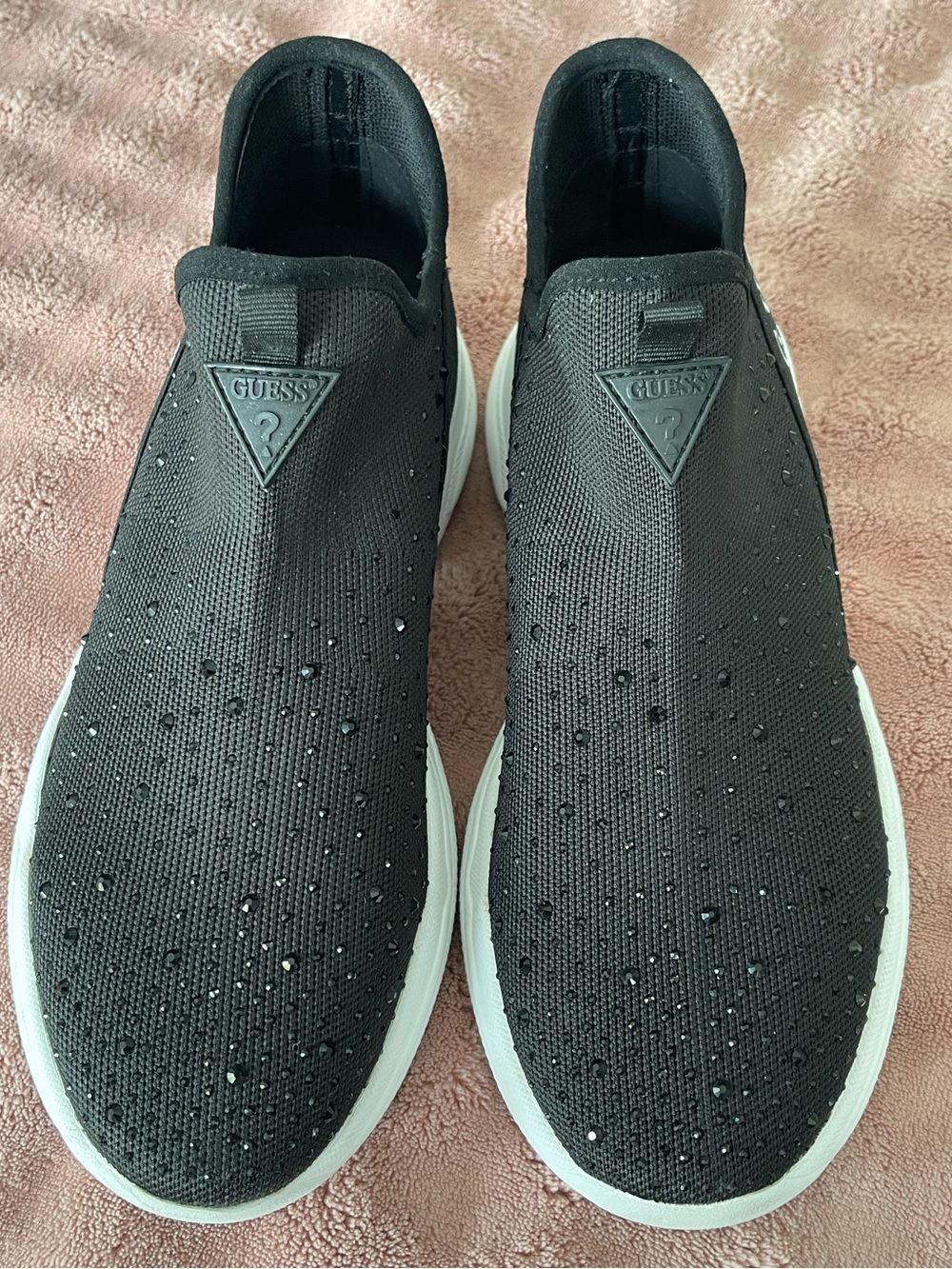 GUESS Women’s Black Slip-On Knit Sneakers Sparkly with White Sole